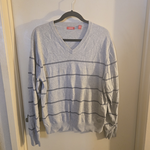Izod Other - Izod‎ Gray V-Neck Sweater with Dark Stripes